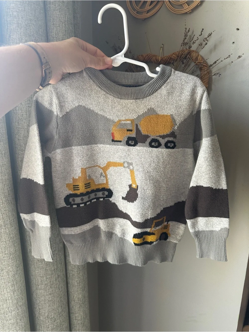 Andy & Evan Gray Sweater with Yellow Construction Vehicle Motifs
